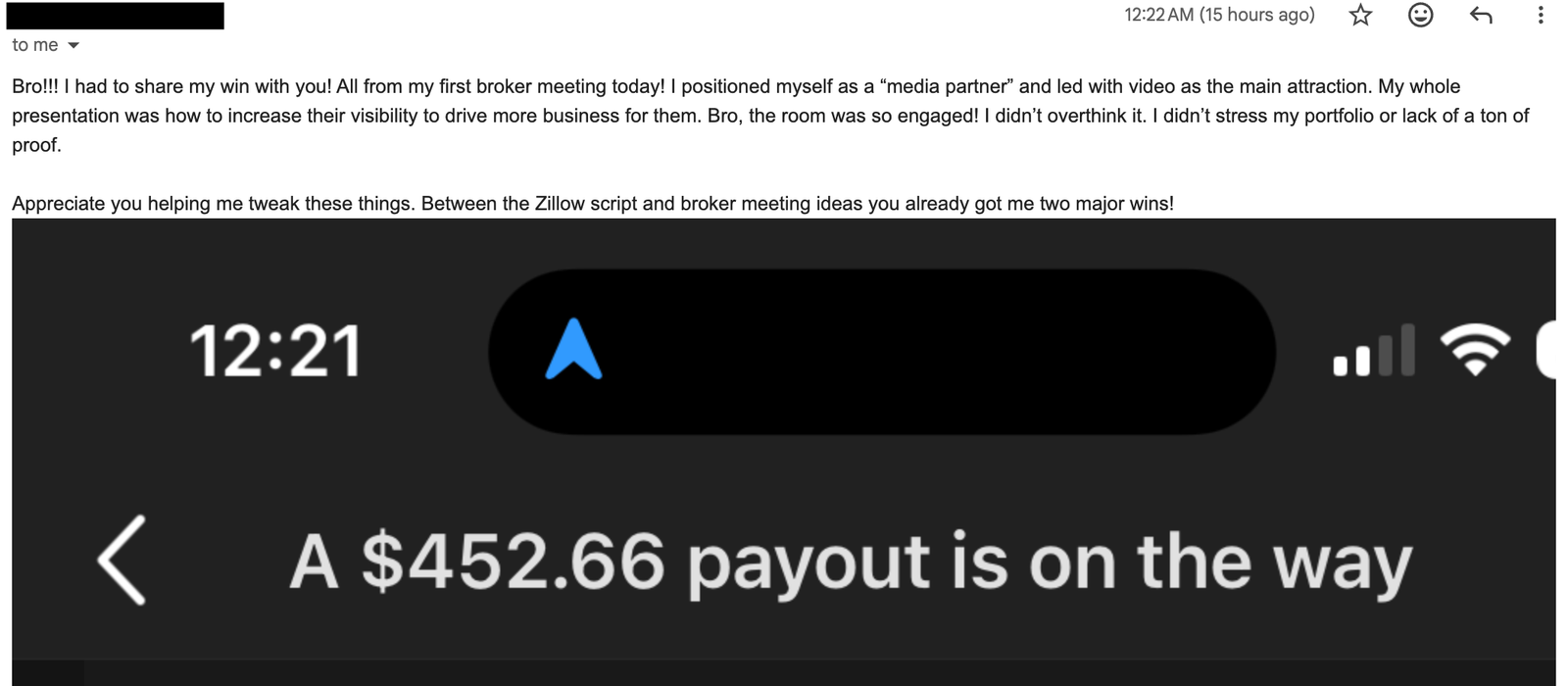 Dom's first broker meeting and $452.66 payout day